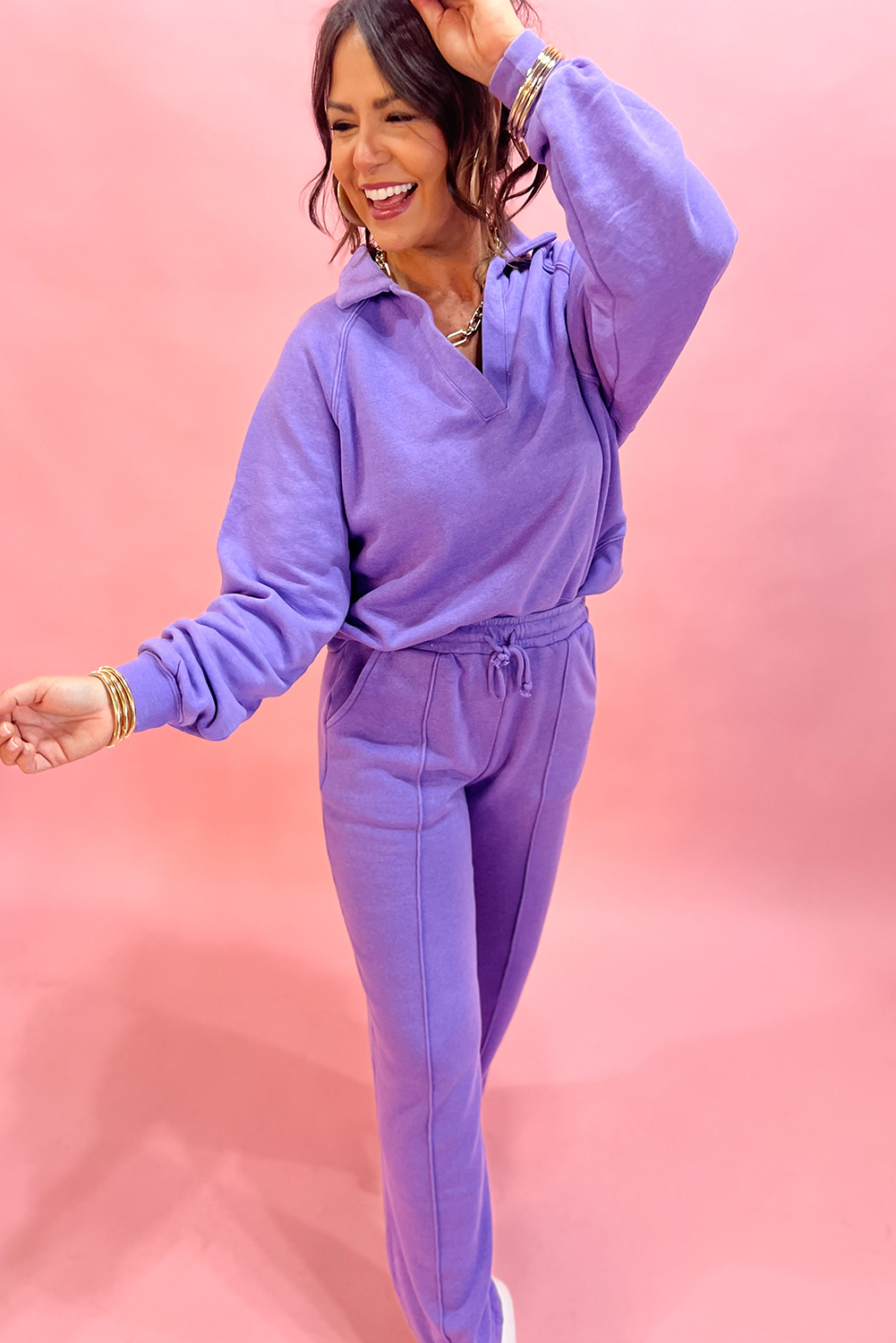 Wisteria Solid Color Collared Pullover and Central Seam Pants Set - Image 5