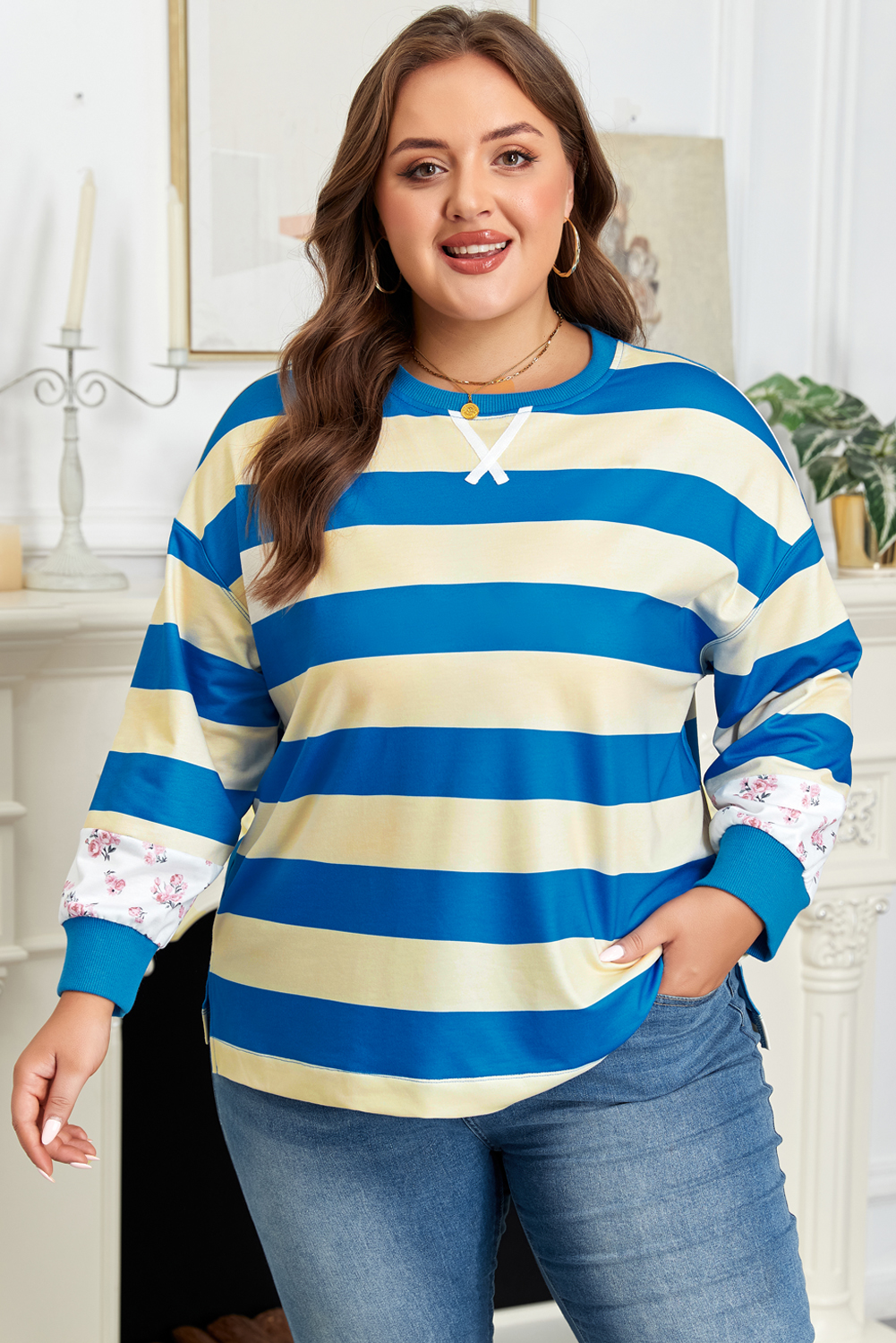 Blue Stripe Floral Color Block Drop Shoulder Plus Size Pullover Top - Image 4
