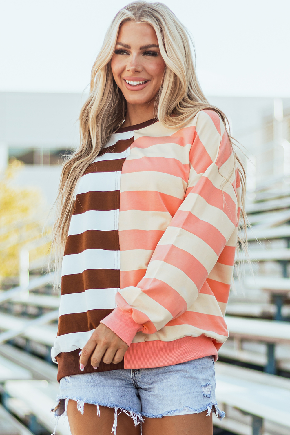 Brown Stripe Color Block Drop Shoulder Pullover Sweatshirt - Image 4