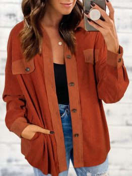 Gold Flame Velvet Flap Pockets Drop Shoulder Casual Shacket