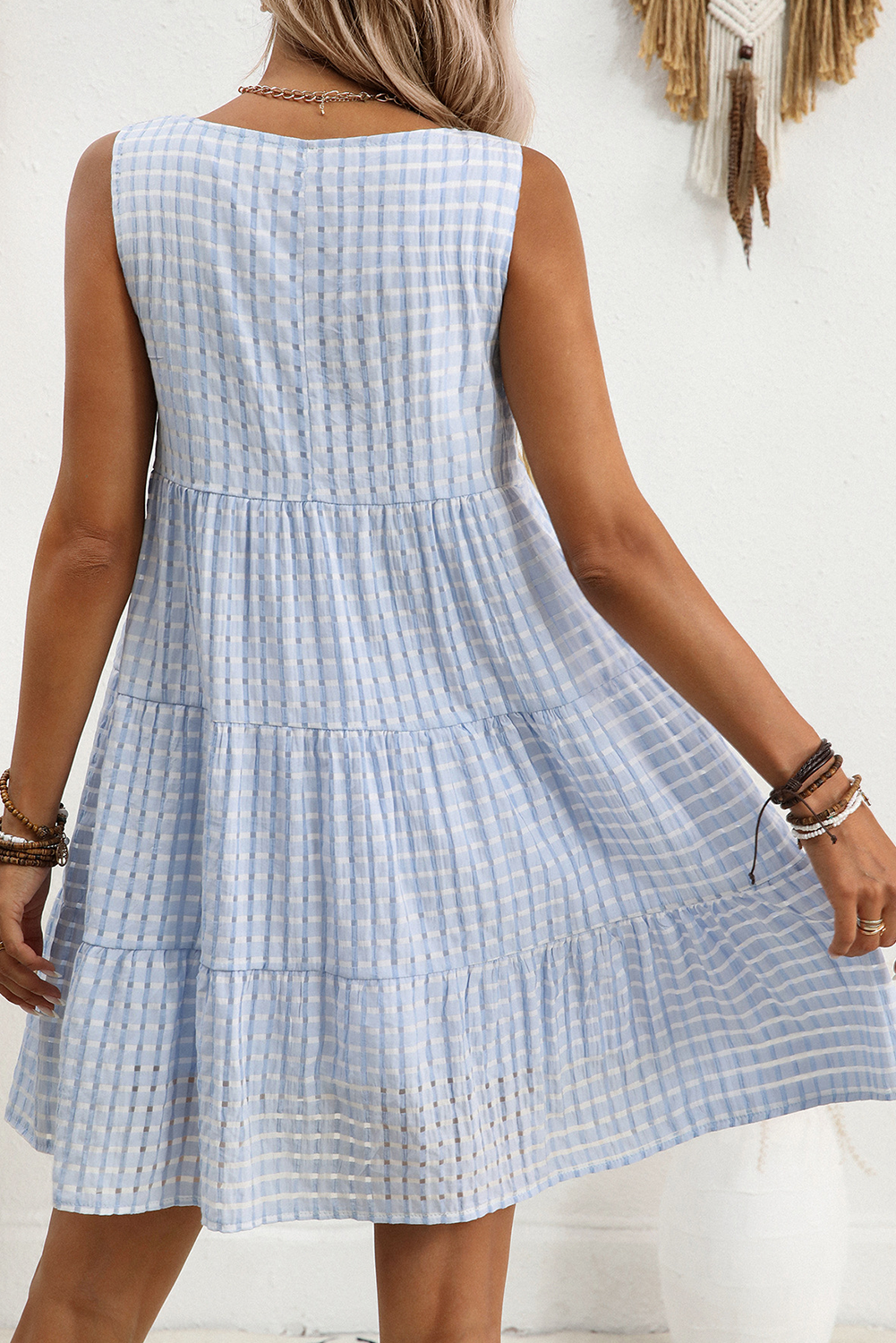 Light Blue Plaid Tiered A-line Sleeveless Mini Sundress - Image 2