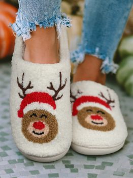 White Christmas Deer Home Indoor Plush Slippers