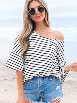 Black Stripe Half Sleeve Scoop Neck Loose Top