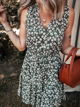 Green Boho Floral Print V Neck Tunic Sleeveless Dress