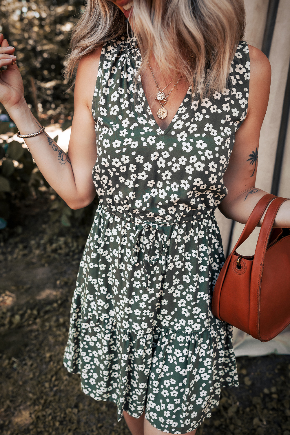 Green Boho Floral Print V Neck Tunic Sleeveless Dress