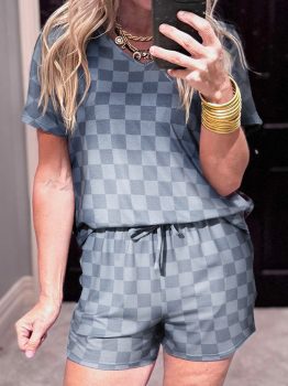 Gray Checkered V Neck Tee Drawstring Shorts Lounge Set