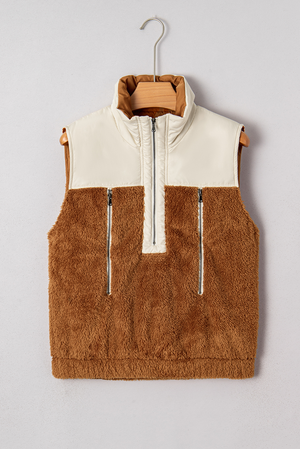 Chestnut Color Block Plush Patchwork Zipper Stand Neck Vest - Image 4