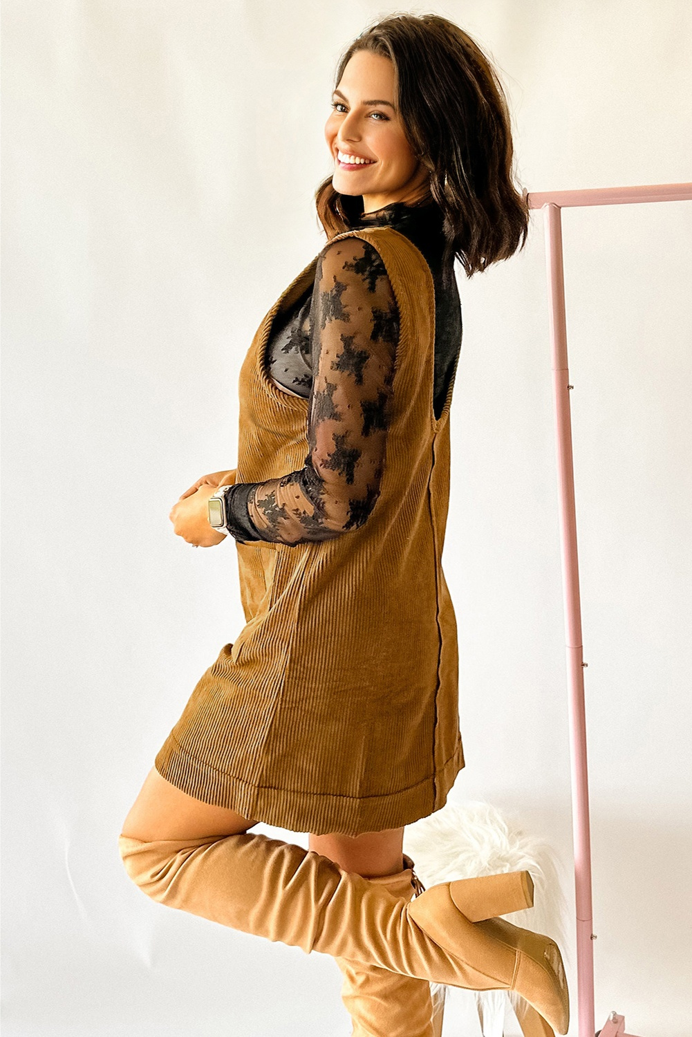 Beige Corduroy Sleeveless Mini Dress With Patched Pockets - Image 4