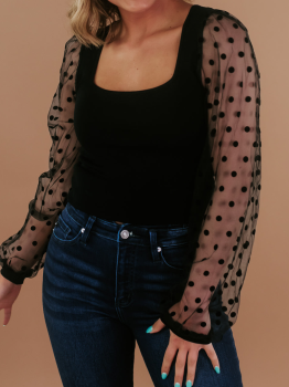 Black Polka Dot Mesh Puff Sleeve Patchwork Ribbed Square Neck Slim Top