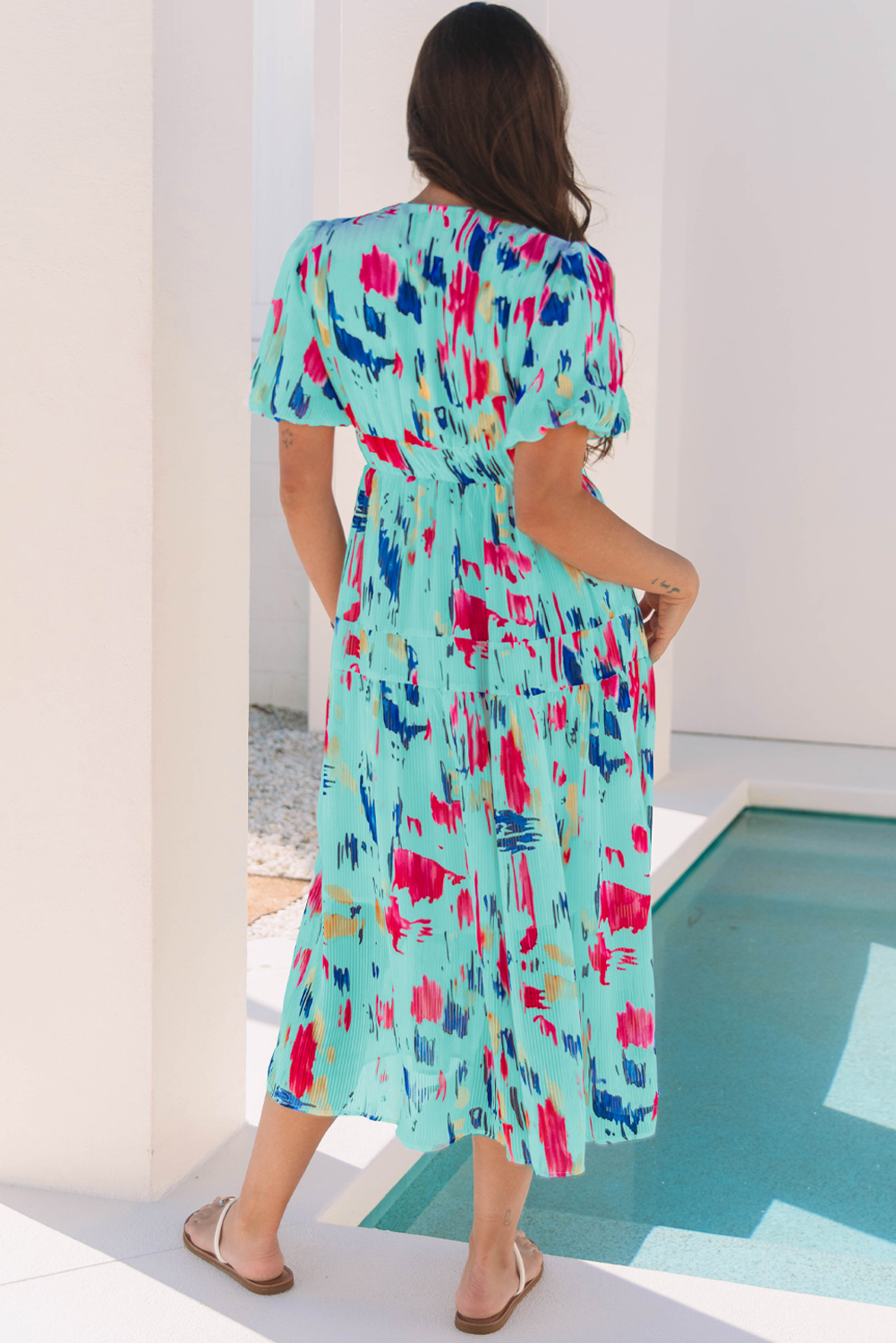 Sky Blue Abstract Print Short Puff Sleeve Tiered Maxi Dress - Image 2