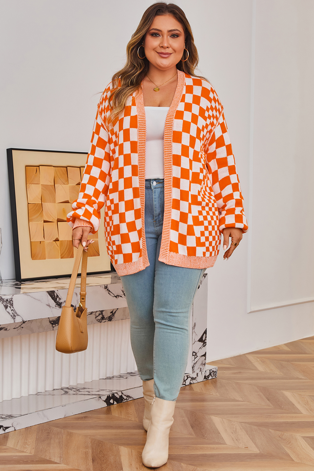 Orange Plus Size Checkered Bubble Sleeve Drop Shoulder Open Cardigan - Image 4