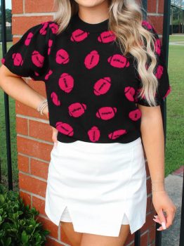 Black Rugby Print Casual Knit Short Sleeve Sweater