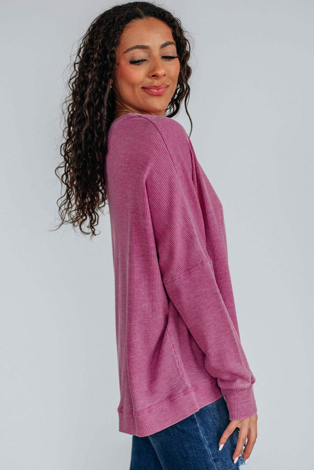 Bright Pink Waffle Knit Patchwork Long Sleeve Loose Top - Image 3