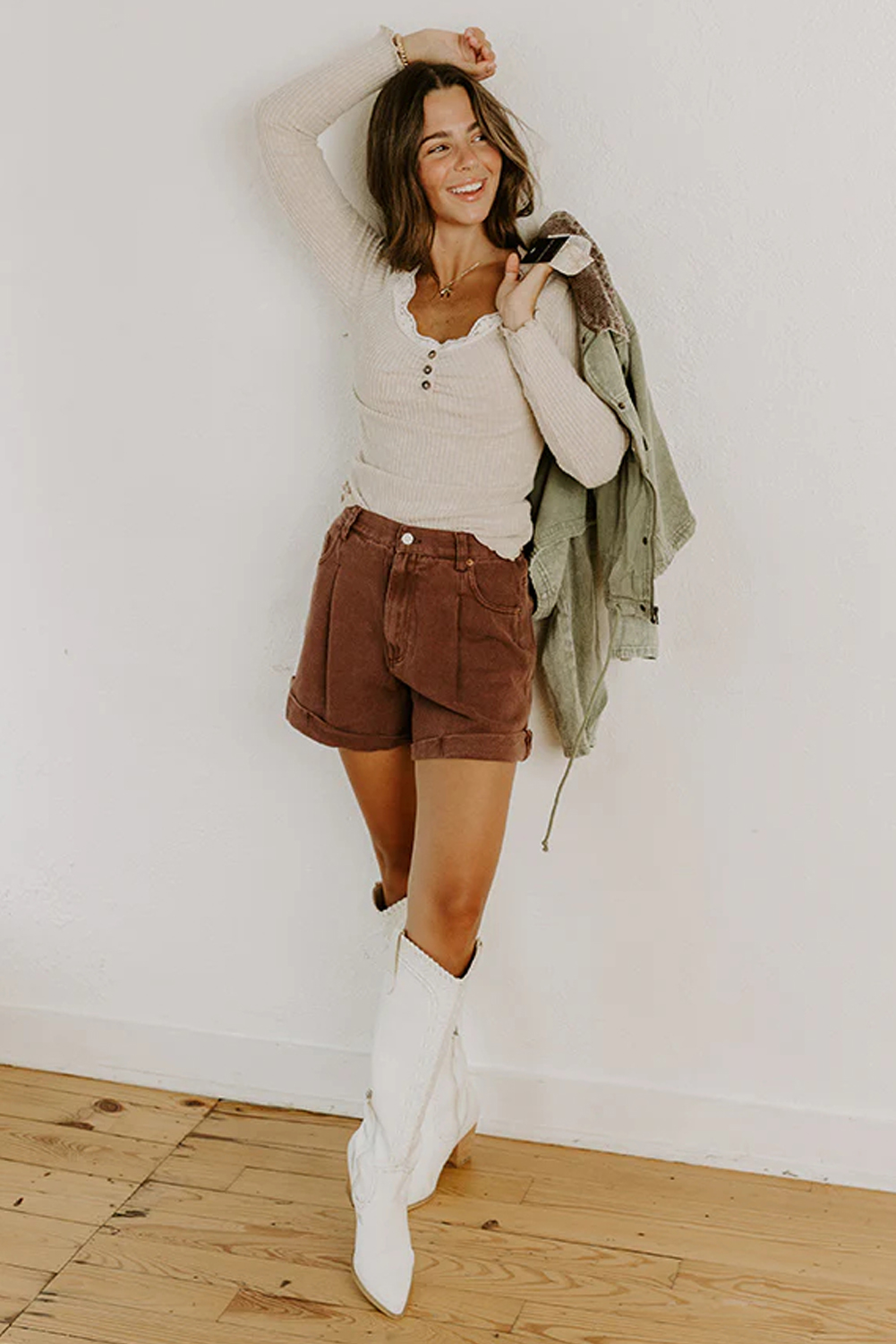 Beige Lace Neckline Button Decor Lettuce Edge Long Sleeve Ribbed Top - Image 6