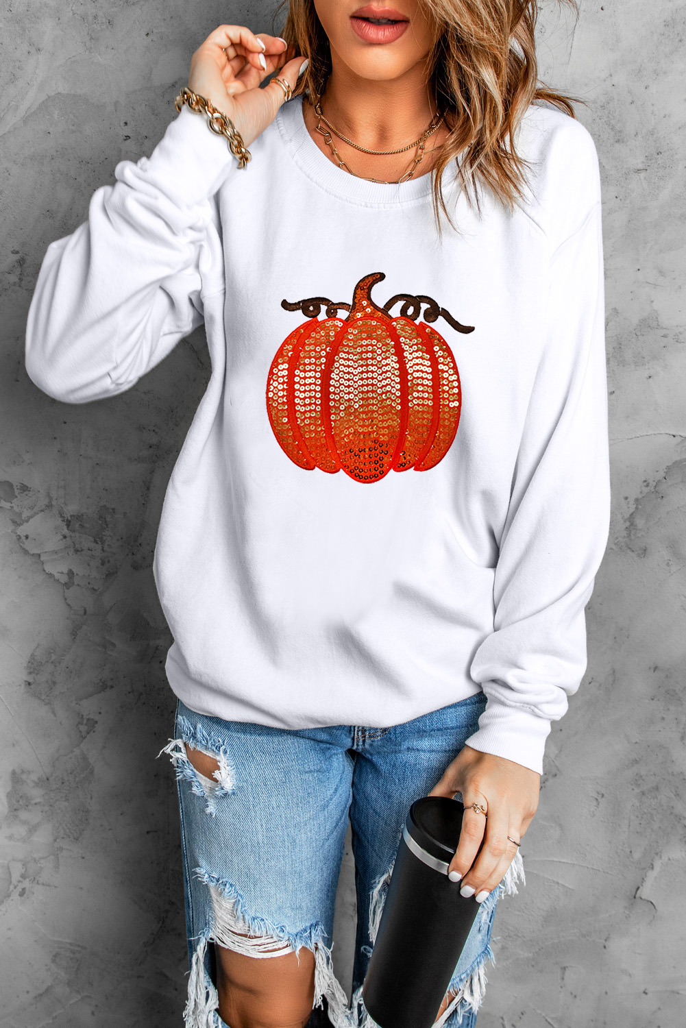 White Sequin Pumpkin Patched Casual Pullover Graphic Sweatshirt - Image 6