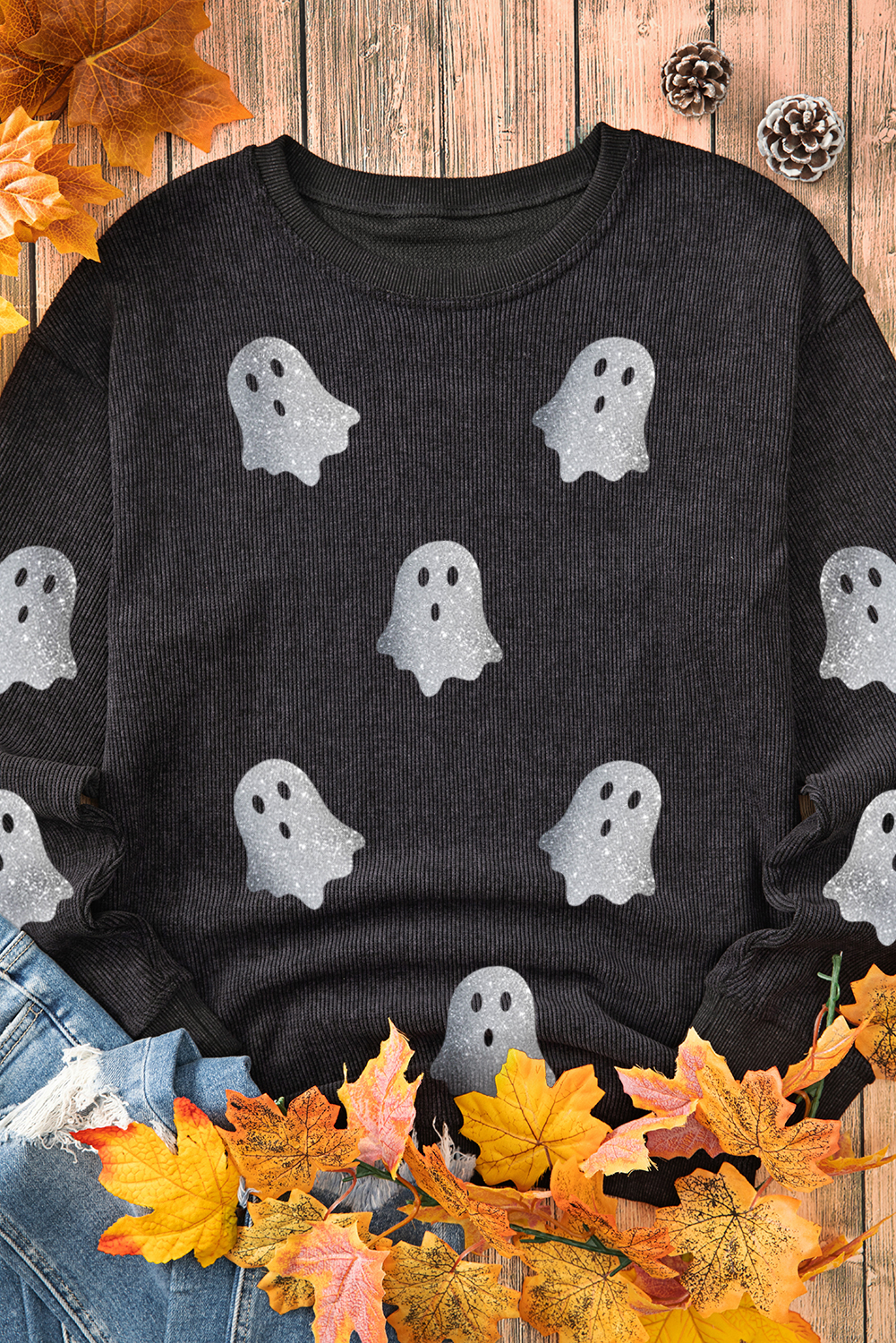 Black Halloween Ghost Corded Crew Neck Loose Sweatshirt - Image 3
