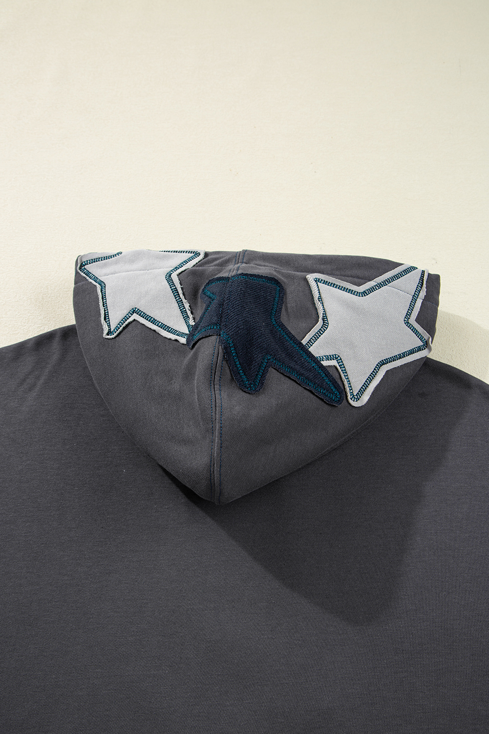 Carbon Grey Star Patchwork Contrast Stitching Mineral Wash Kangaroo Pocket Vintage Hoodie - Image 8