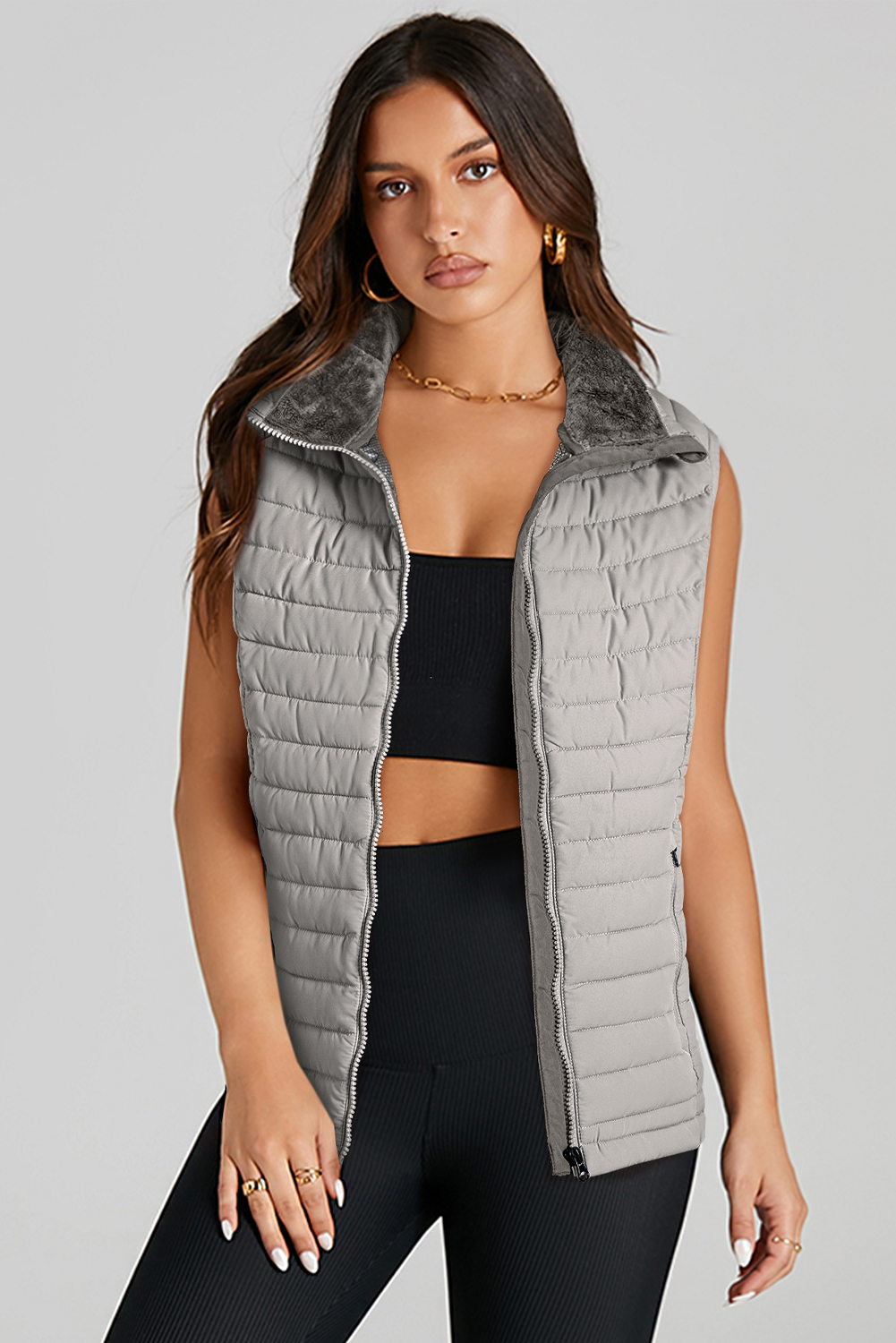 Silvery Plush Collared Quilted Zipped Puffer Vest - Image 8