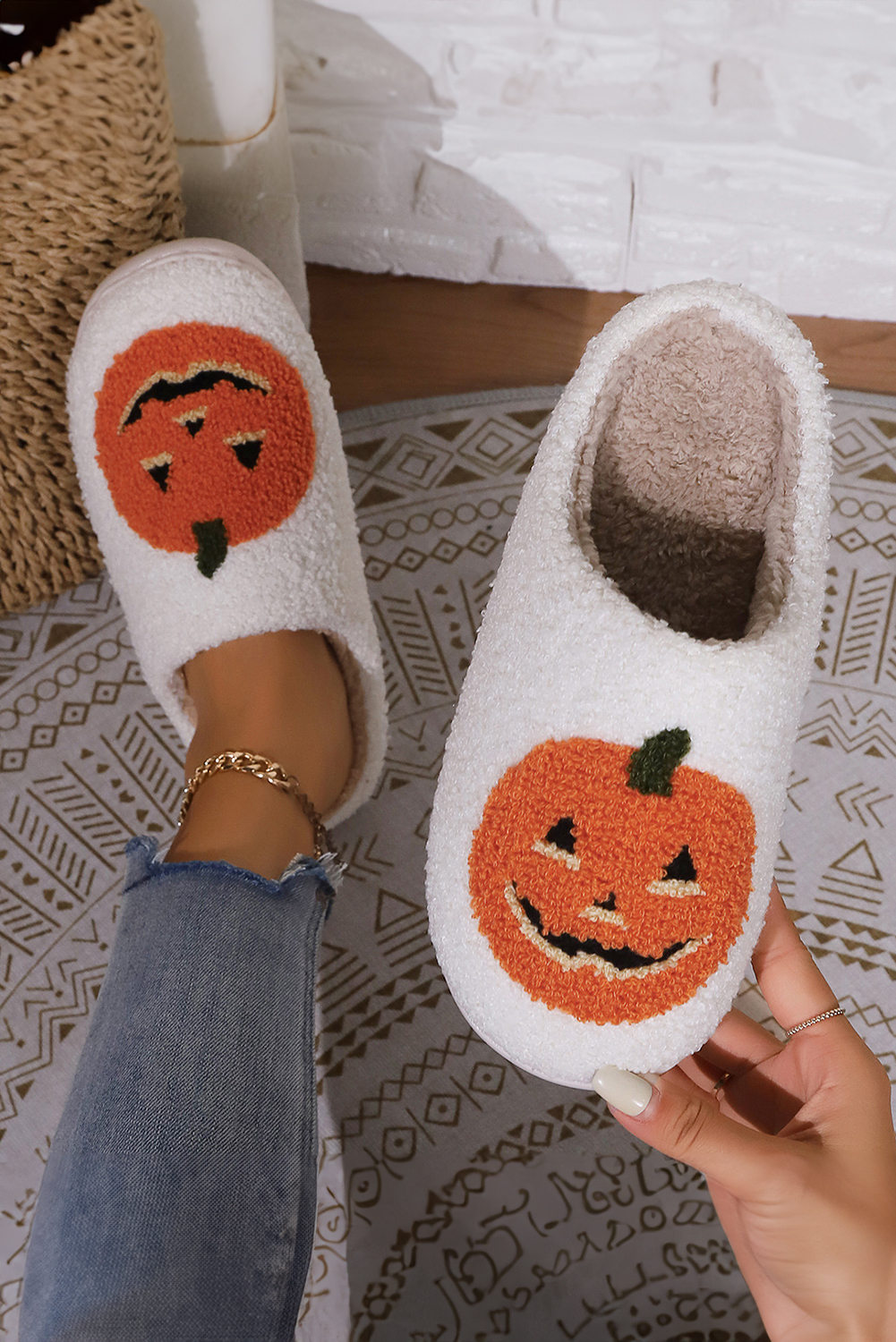 White Halloween Pumpkin Print Plush Slippers (Runs Small, Size Up) - Image 2