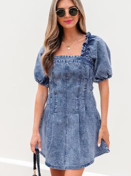 Blue Frilly Square Neck Bustier Puff Sleeve Short Denim Dress