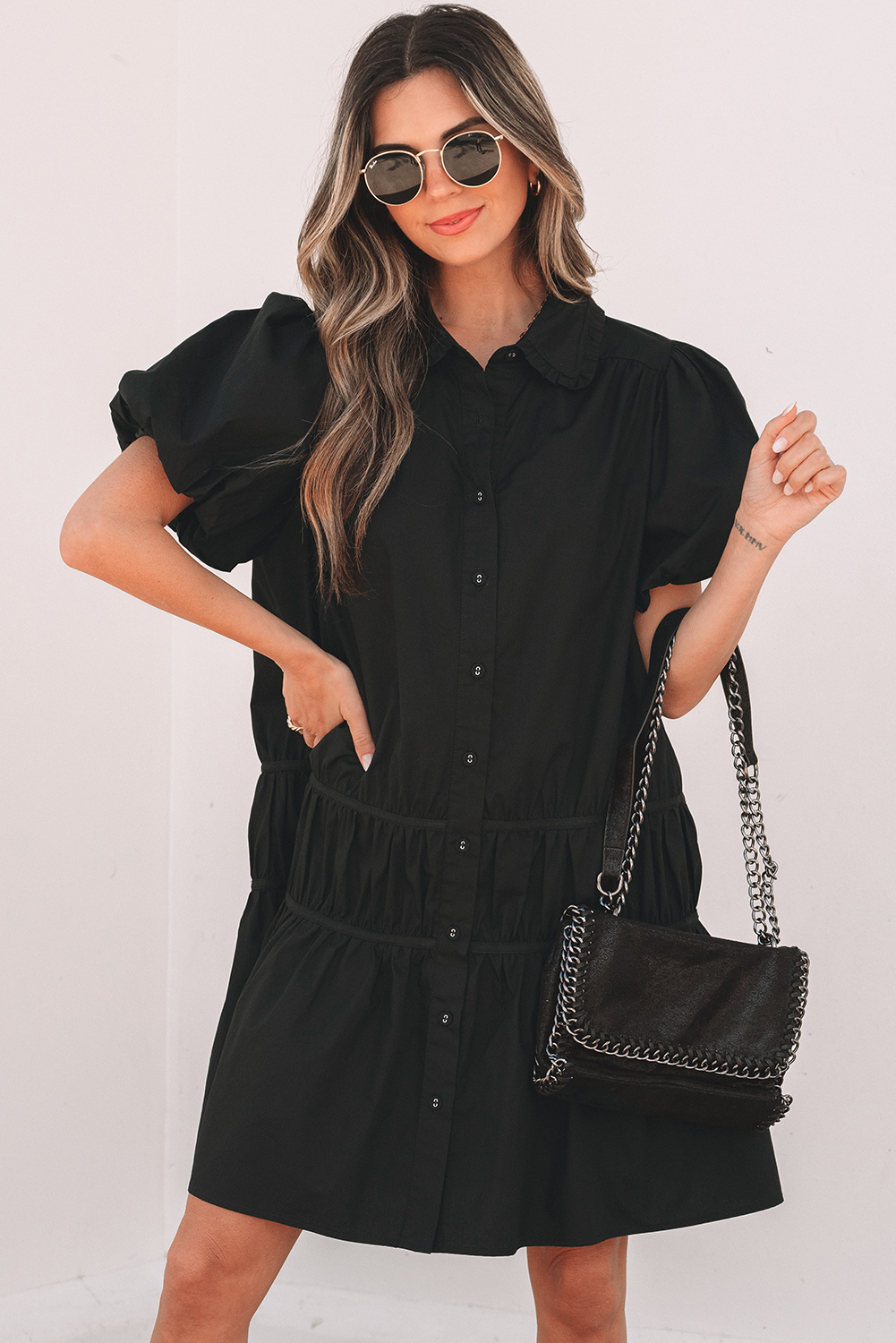 Black Shirt Style Button Down Puff Sleeve Ruffle Hem Dress - Image 4