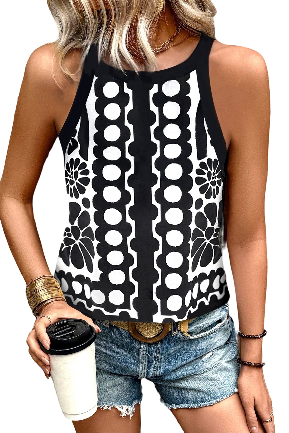 Black Abstract Dot Flower Print Tank Top - Image 3