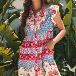 Rose Floral Mixed Pattern Ruffle Flutter Sleeve Buttoned Dress