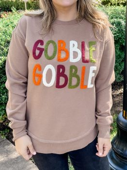 Dark Khaki GOBBLE Letter Graphic Thanksgiving Shift Sweatshirt