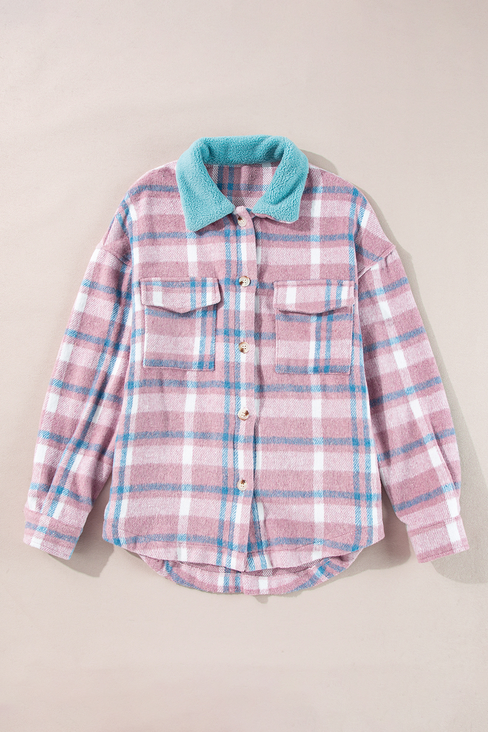 Pink Plaid Print Color Block Collared Flap Pockets Loose Shacket - Image 4