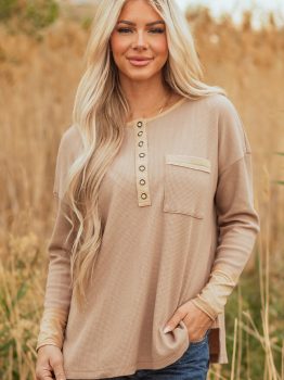 Dark Khaki Color Block Waffle Textured Tunic Henley Top with Slits