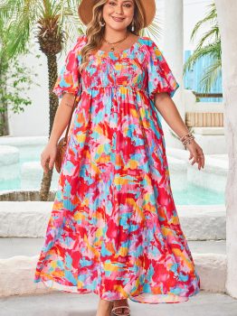 Rose Abstract Printed Puff Sleeve Square Neck Smocked Bust Tied Back Plus Size Dress