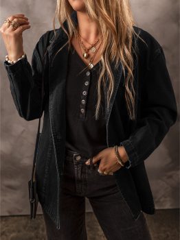 Black Side Pockets Lapel Collar Denim Jacket