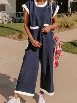 Navy Blue Color Block Pocketed T Shirt and Wide Leg Pants Set