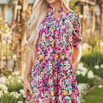 Pink Floral Puff Short Sleeve V Neck Mini Dress