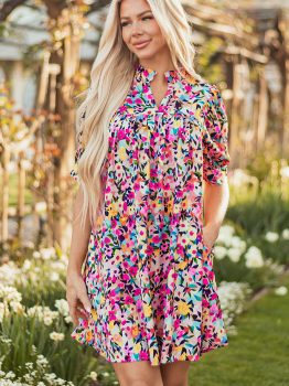 Pink Floral Puff Short Sleeve V Neck Mini Dress