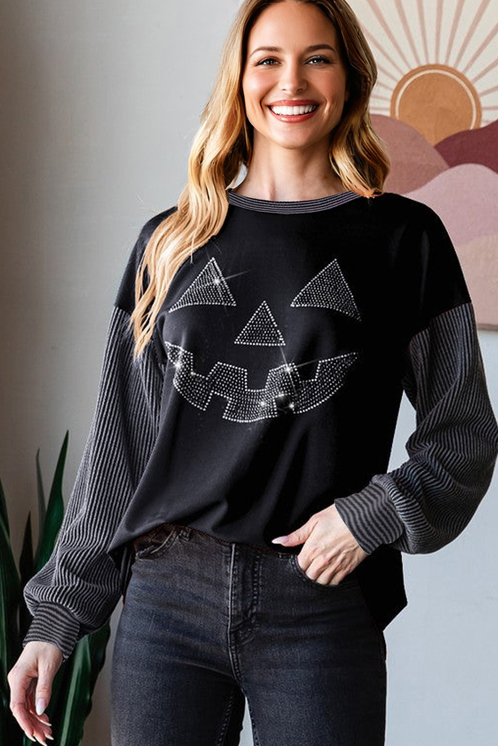 Black Halloween Rhinestone Pumpkin Face Contrast Ribbed Long Sleeve Patchwork Top - Image 2