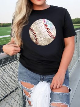 Black Heat Transfer Baseball Print Cotton Blend T Shirt