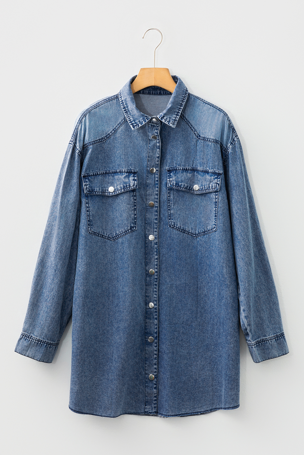 Blue Beau Chest Pocket Raw Hem Denim Loose Shirt Dress - Image 7