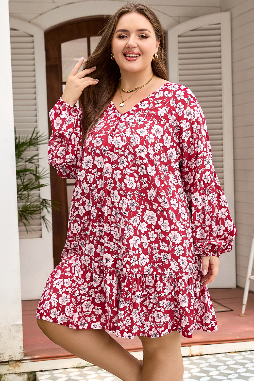 Purple Plus Floral Balloon Sleeve V Neck Relaxed Dress - Image 4