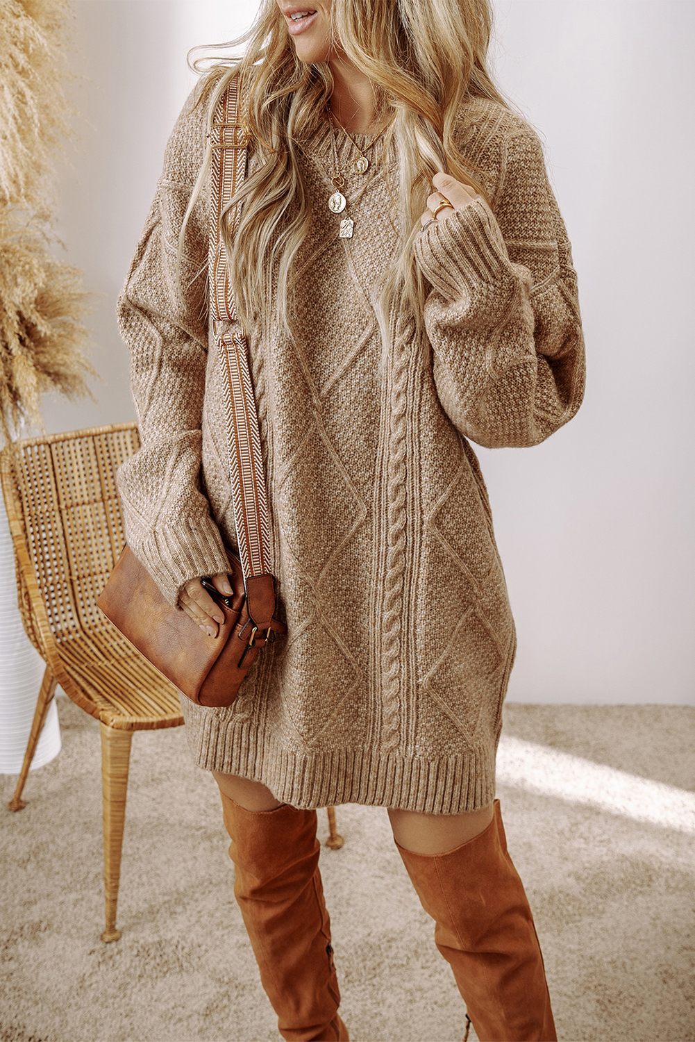 Parchment Cable Knit Drop Shoulder Loose Fit Sweater Dress - Image 5
