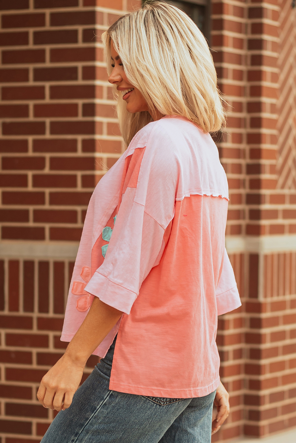 Pink Flower Patched Exposed Seam Bracelet Sleeve Oversized T Shirt - Image 3