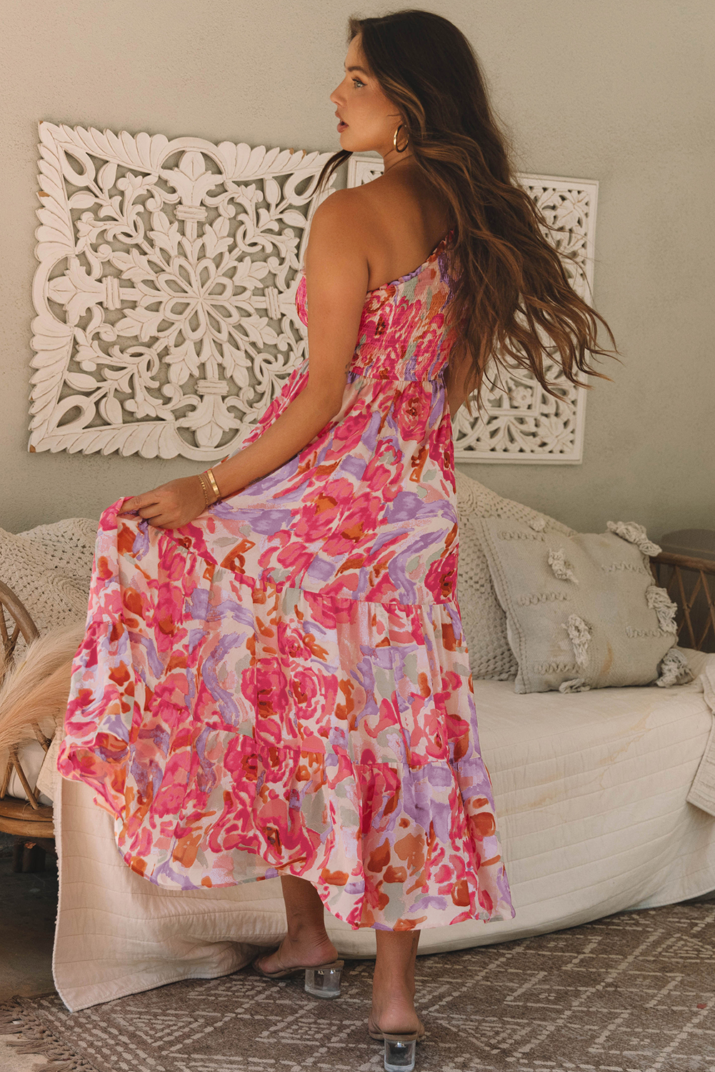 Pink Abstract Floral Print Shirred One Shoulder Maxi Dress - Image 5