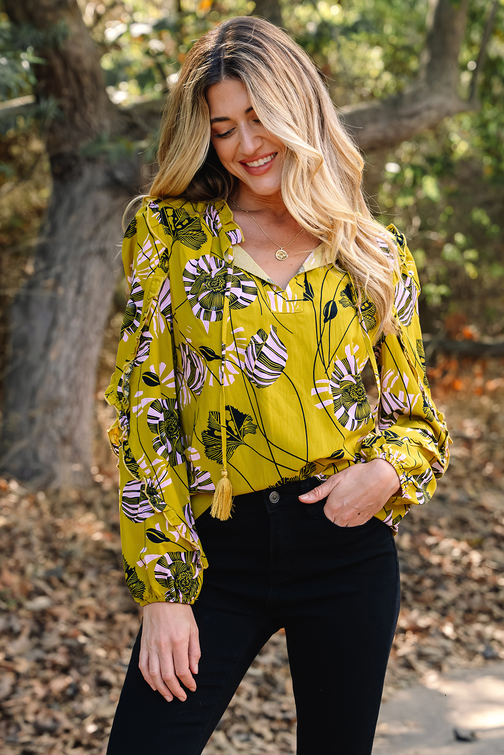 Yellow Vintage Floral V Neck Ruffle Trim Long Sleeve Blouse - Image 5