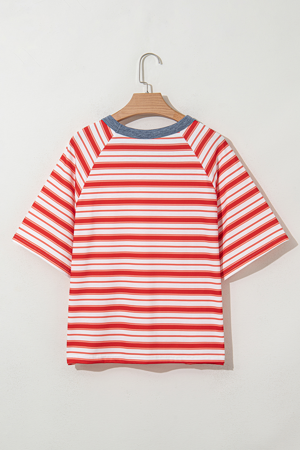 Tomato Red Stripe Print Contrast Collar Raglan Sleeve T Shirt - Image 6