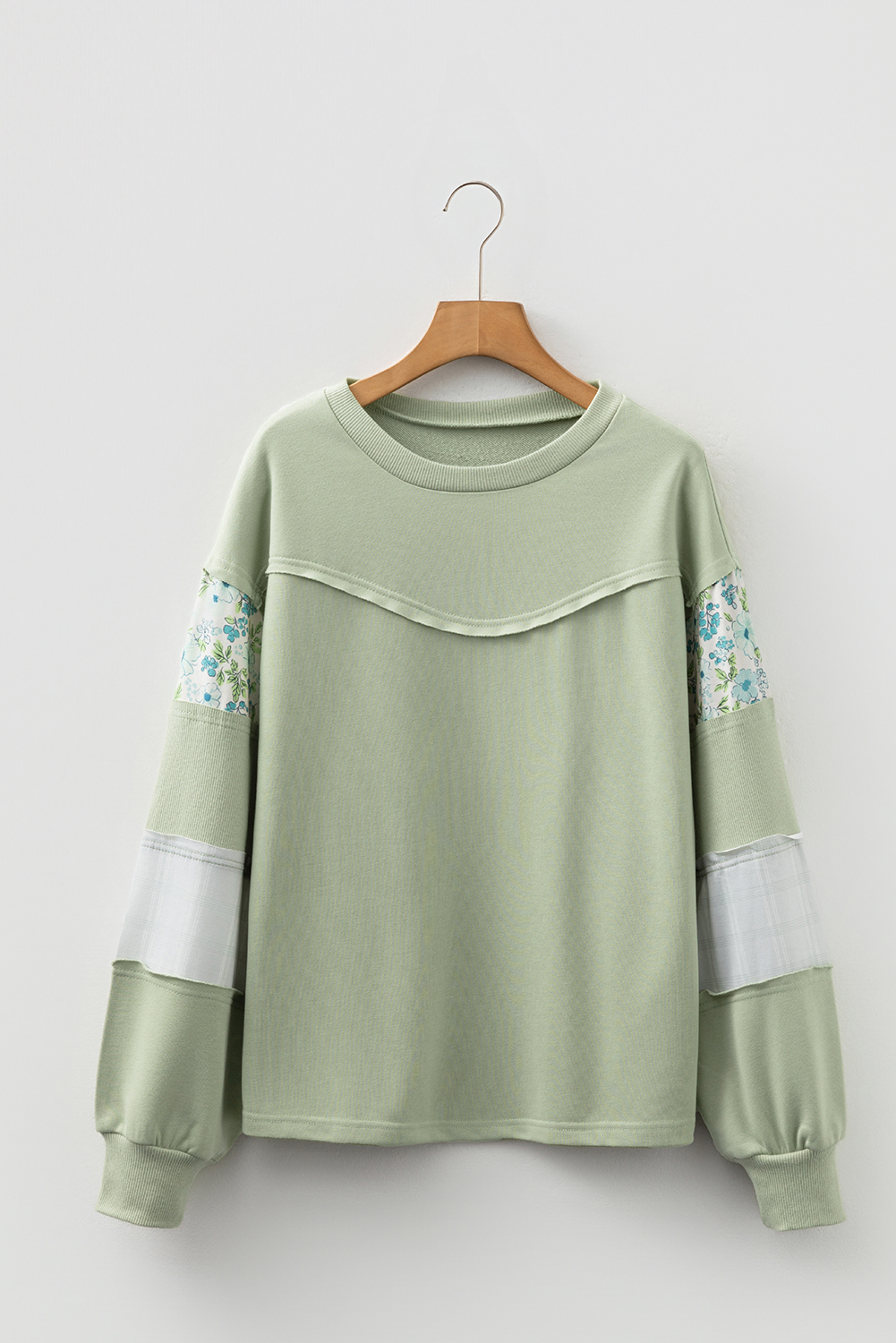 Laurel Green Floral Plaid Mixed Sleeve Raw Edge Relaxed French Terry Top - Image 4