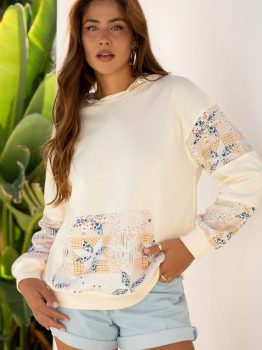 Beige Western Geo Pattern Patchwork Hoodie with Kangaroo Pocket