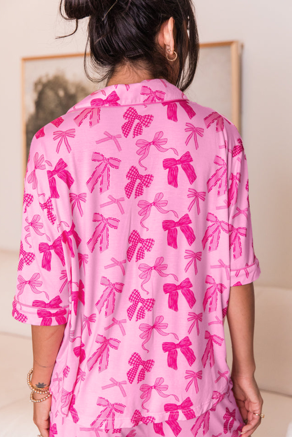 Pink Bow Print Half Sleeve Shirt and Shorts Pajamas Set - Image 2