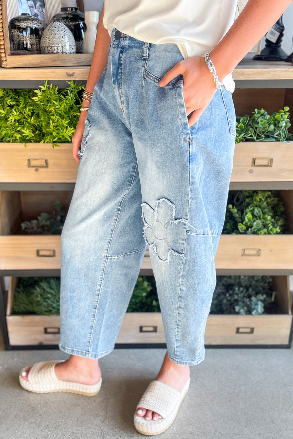 Beau Blue Flower Patched Light Wash Cropped High Waist Jeans - Image 3