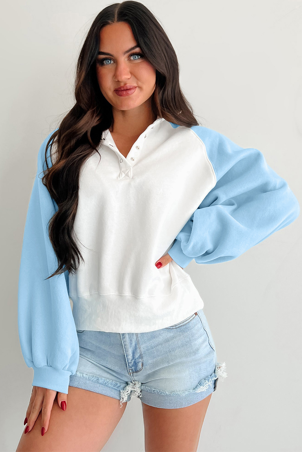 Beau Blue Colorblock Snap Buttons Pullover Sweatshirt - Image 3
