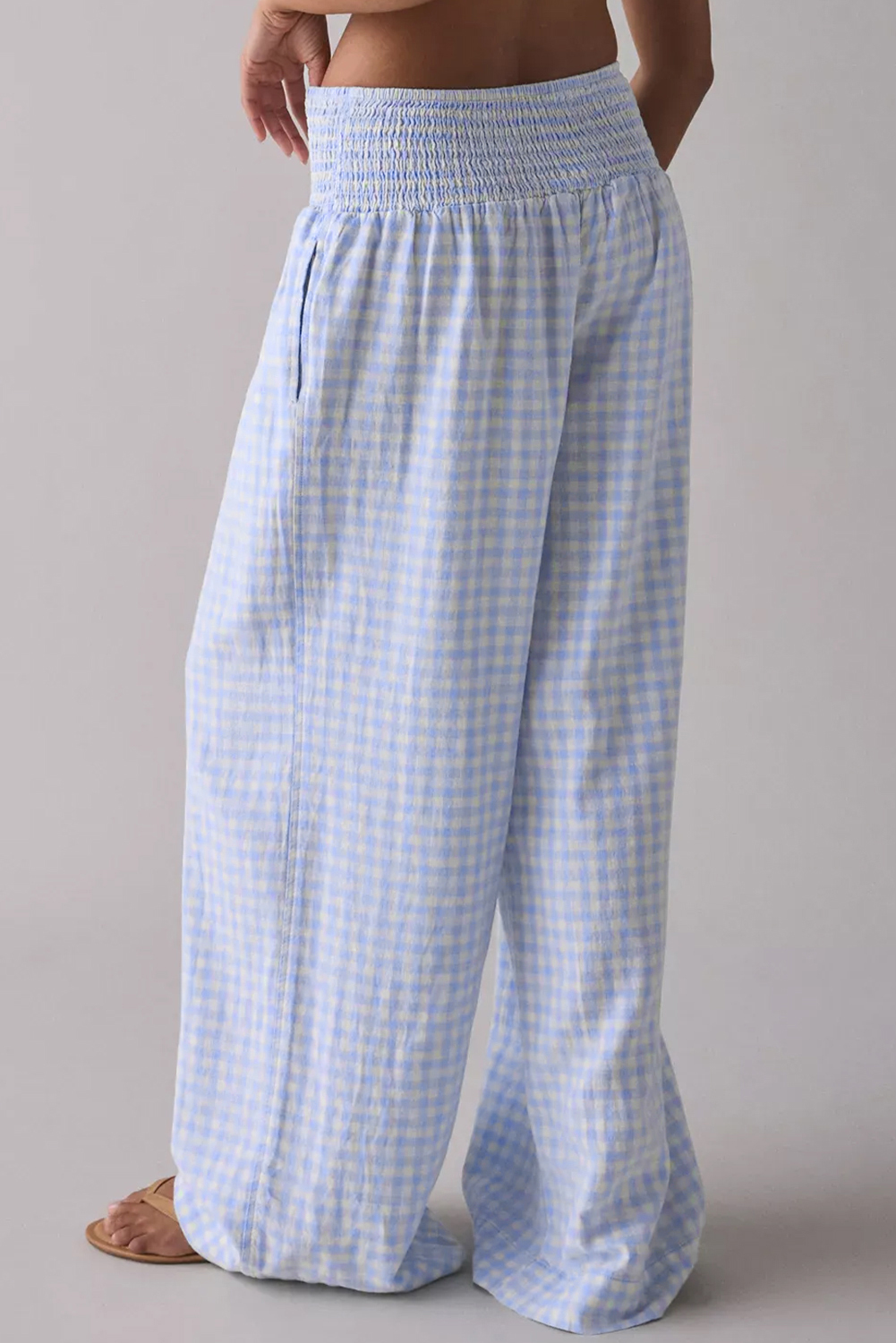 Myosotis Plaid Print Smocked High Waist Womens Loose Pants - Image 2